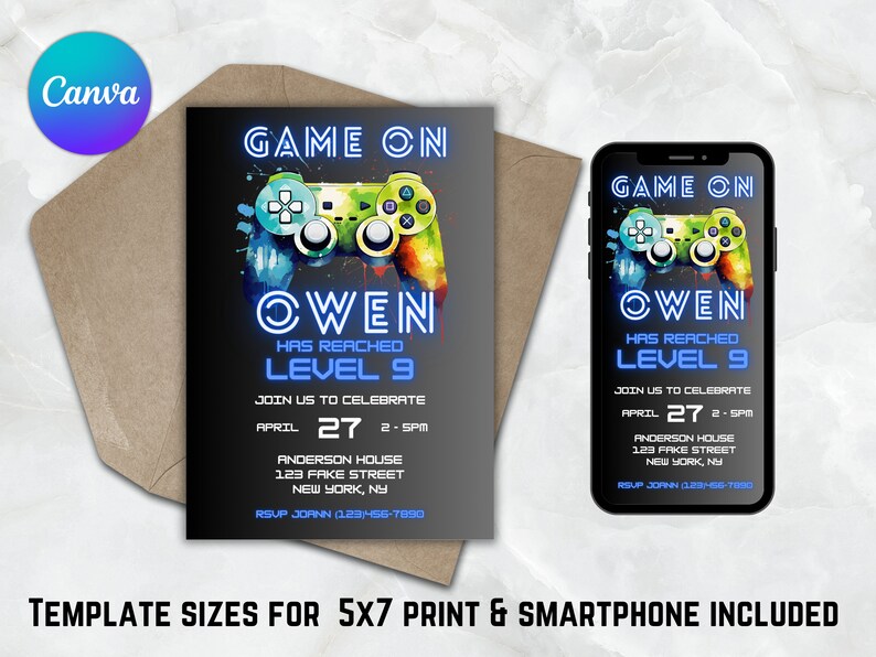 Peut inclure: Une invitation num&eacute;rique pour une f&ecirc;te d'anniversaire sur le th&egrave;me des jeux vid&eacute;o. L'invitation pr&eacute;sente une manette de jeu vid&eacute;o bleue et verte avec le texte "Game On" et "Owen Has Reached Level 9". L'invitation comprend &eacute;galement la date et l'heure de la f&ecirc;te, l'adresse et un num&eacute;ro de RSVP.