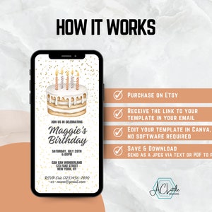 Może przedstawiać: Ekran smartfona wyświetlający szablon zaproszenia na urodziny z tortem i świeczkami. Tekst na ekranie brzmi "Join us in celebrating Maggie's Birthday". Zaproszenie zawiera datę, godzinę, miejsce i informacje RSVP. Ekran pokazuje r&oacute;wnież listę krok&oacute;w do wykorzystania szablonu, w tym zakup na Etsy, otrzymanie linku do szablonu na skrzynkę e-mail, edycję szablonu w Canva oraz zapisanie i pobranie szablonu.