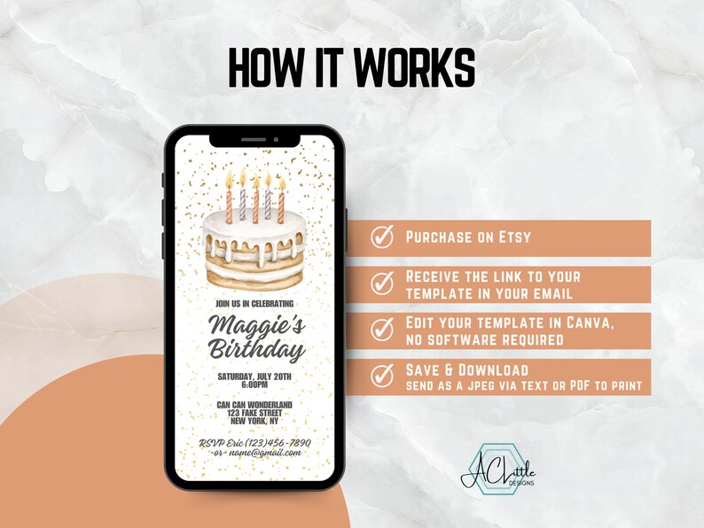 Może przedstawiać: Ekran smartfona wyświetlający szablon zaproszenia na urodziny z tortem i świeczkami. Tekst na ekranie brzmi "Join us in celebrating Maggie's Birthday". Zaproszenie zawiera datę, godzinę, miejsce i informacje RSVP. Ekran pokazuje r&oacute;wnież listę krok&oacute;w do wykorzystania szablonu, w tym zakup na Etsy, otrzymanie linku do szablonu na skrzynkę e-mail, edycję szablonu w Canva oraz zapisanie i pobranie szablonu.