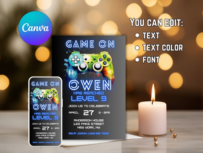 Peut inclure: Une invitation bleue et noire avec un graphisme de manette de jeu vid&eacute;o color&eacute;. Le texte indique "Game On Owen Has Reached Level 9" et comprend des d&eacute;tails pour une f&ecirc;te d'anniversaire.
