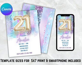 Purple Glitter 21st Birthday Invitation: Gold Balloons (Digital Download)