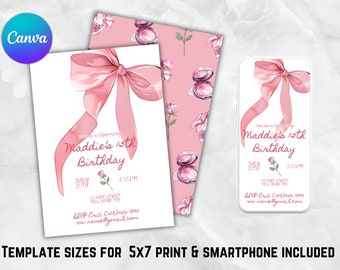 Coquette Birthday Invitation Template: Pink Watercolor Bow (Digital Download)