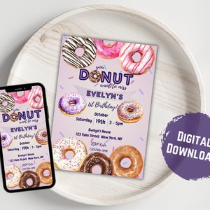 Sjabloon verjaardagsuitnodiging donut: strooifeestje (digitale download) afbeelding 1
