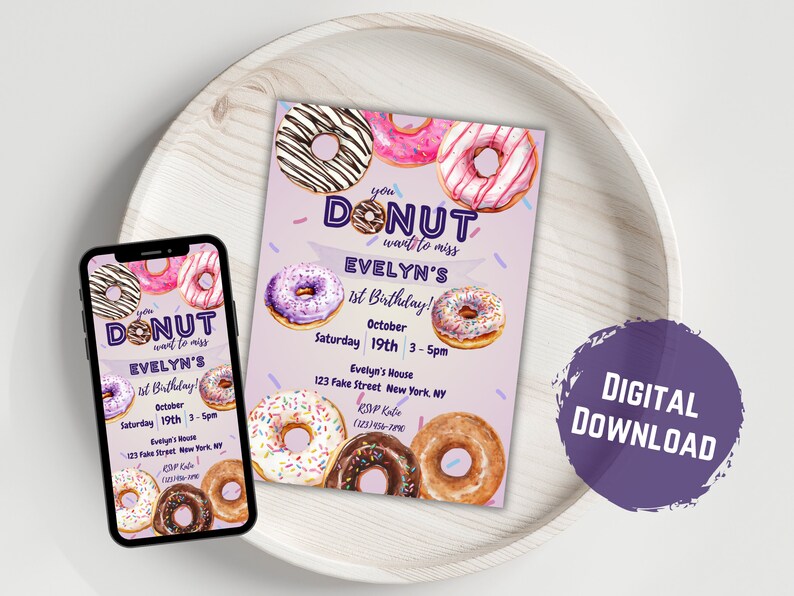 Sjabloon verjaardagsuitnodiging donut: strooifeestje (digitale download) afbeelding 1