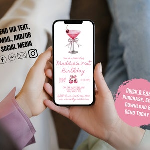 May include: A pink and white digital invitation for a 21st birthday party. The invitation features a pink cocktail glass with a cherry and a bow. The text on the invitation reads "Maddie's 21st Birthday" and includes the date, time, and location of the party. The invitation also includes a website address and a phone number.