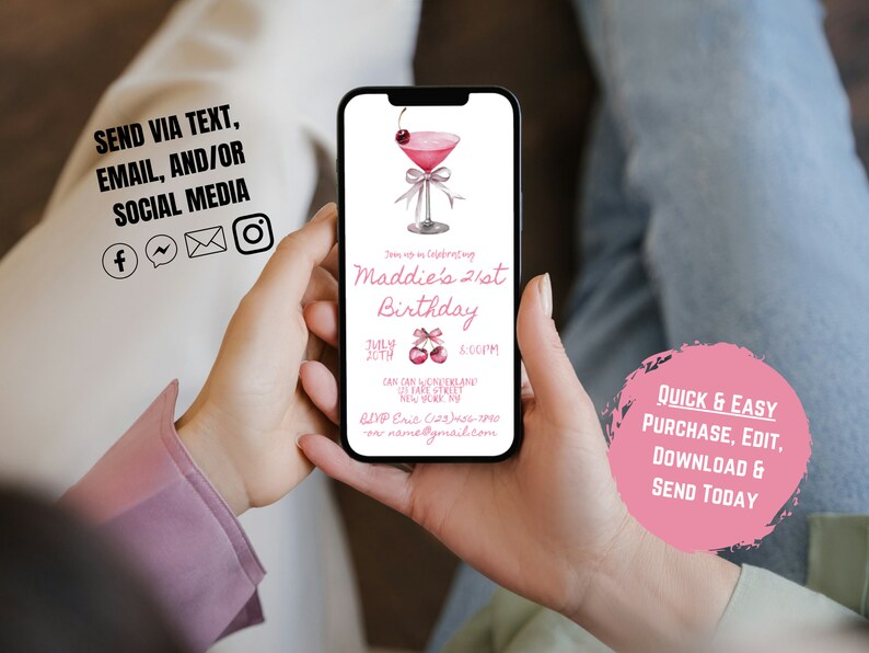 May include: A pink and white digital invitation for a 21st birthday party. The invitation features a pink cocktail glass with a cherry and a bow. The text on the invitation reads "Maddie's 21st Birthday" and includes the date, time, and location of the party. The invitation also includes a website address and a phone number.