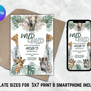 May include: A printable invitation for a child's third birthday party. The invitation features a jungle theme with a watercolour background and illustrations of animals such as a giraffe, zebra, lion, and elephant. The text on the invitation reads "He's a Wild Child, Join us to celebrate Aiden's 3rd Birthday!"