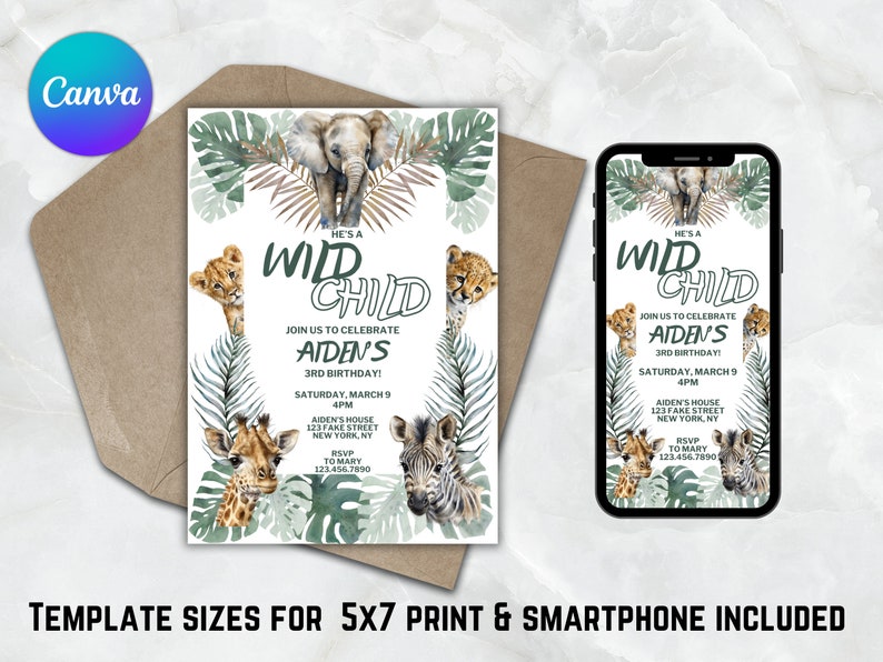 May include: A printable invitation for a child's third birthday party. The invitation features a jungle theme with a watercolour background and illustrations of animals such as a giraffe, zebra, lion, and elephant. The text on the invitation reads "He's a Wild Child, Join us to celebrate Aiden's 3rd Birthday!"