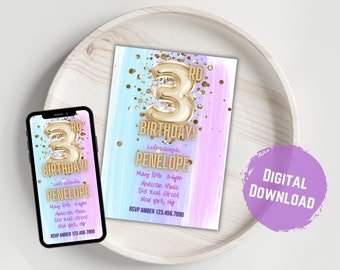 Unicorn 3rd Birthday Invitation: Gold Balloon, Editable Template (Digital Download)