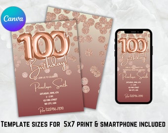 Sjabloon uitnodiging roségouden glitter 100e verjaardag (digitale download)