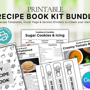 Könnte beinhalten: Druckbarer Rezeptbuch-Kit-Bundle mit editierbaren Vorlagen, Titelseite und Abschnittsteilern. Das Bild zeigt eine Beispielrezeptseite für Zuckerkekse und Zuckerguss mit einer Zutatenliste und Anweisungen. Eine weitere Beispielrezeptseite zeigt ein Rezept für cremige Tomatensuppe mit Basilikum. Das Bild zeigt auch eine schwarz-weiße Umrandung eines Rezeptbuchdeckels mit dem Text "Mein Rezeptbuch".