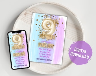 Unicorn 9th Birthday Invitation: Gold Balloon, Glitter (Digital Download)