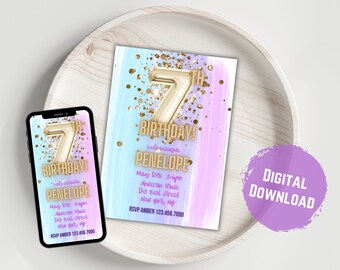 Unicorn 7th Birthday Invitation Template: Gold Foil Balloon (Digital Download)
