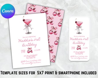 Sjabloon verjaardagsuitnodiging Coquette: roze cocktails en strikken (digitale download)
