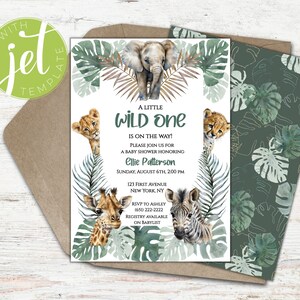 Safari "Wild One" Theme Baby Shower Invitation, Jungle Animals and Greenery Baby Shower, Baby Boy or Baby Girl Shower Editable Invitation