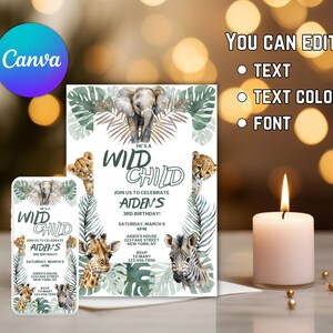 May include: A green and brown invitation with a watercolour illustration of a jungle scene. The text reads "He's a Wild Child, Join us to celebrate Aiden's 3rd Birthday!" with details about the party, including the date, time, location, and RSVP information.