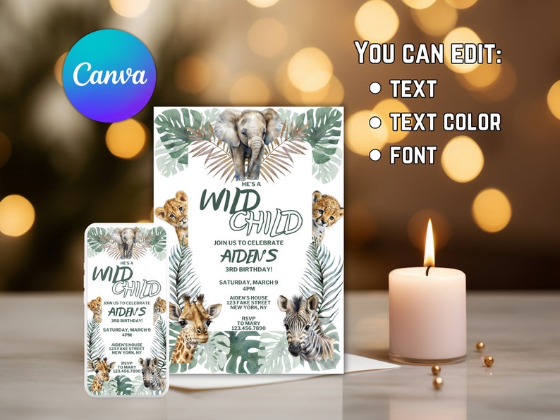 May include: A green and brown invitation with a watercolour illustration of a jungle scene. The text reads "He's a Wild Child, Join us to celebrate Aiden's 3rd Birthday!" with details about the party, including the date, time, location, and RSVP information.