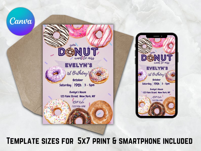 Op de afbeelding: Een paarse en witte donut-thema uitnodiging voor een eerste verjaardag met een aquarel illustratie van donuts. De uitnodiging bevat de tekst "You donut want to miss Evelyn's 1st Birthday!" en details over het feest, inclusief de datum, tijd en locatie.