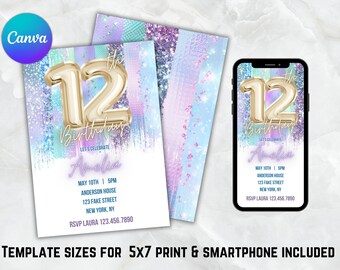 Purple Glitter 12th Birthday Invitation: Gold Balloon (Digital Download)