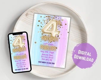 Editable Unicorn 4th Birthday Invitation: Gold Foil Balloon (Digital Download)