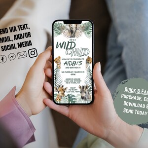 May include: A digital invitation for a child's birthday party with a jungle theme. The invitation features a green background with illustrations of animals, including a giraffe, zebra, and lion. The text reads "He's a Wild Child, Join us to celebrate Aiden's 3rd Birthday!"
