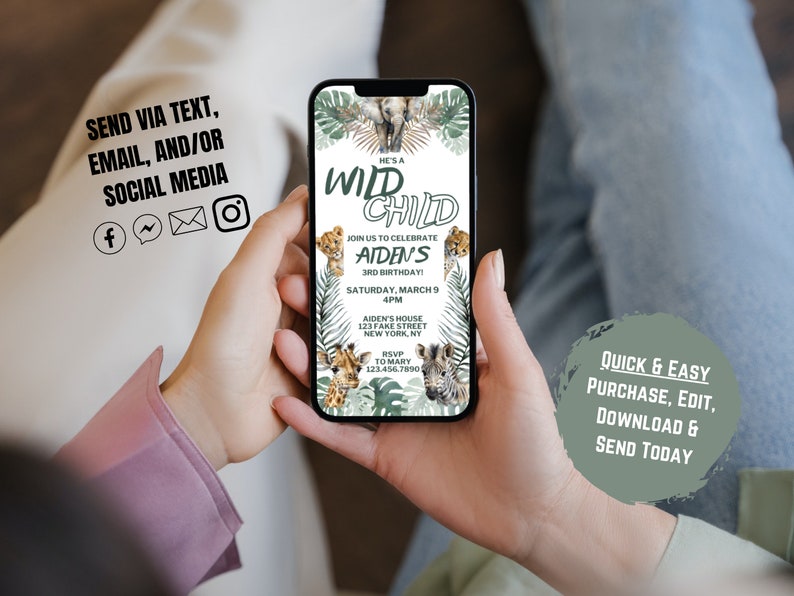 May include: A digital invitation for a child's birthday party with a jungle theme. The invitation features a green background with illustrations of animals, including a giraffe, zebra, and lion. The text reads "He's a Wild Child, Join us to celebrate Aiden's 3rd Birthday!"