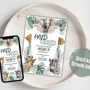 May include: A digital download invitation for a child's birthday party. The invitation features a jungle theme with a green, brown, and white colour scheme. The text on the invitation reads "He's a Wild Child, Join us to celebrate Aiden's 3rd Birthday!"