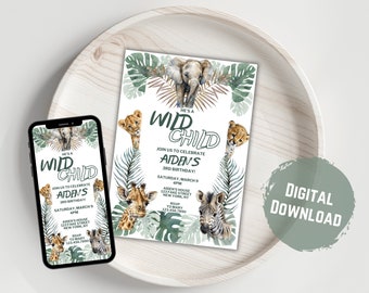 Wild Child Birthday Invitation: Jungle Animals Theme (Digital Download)