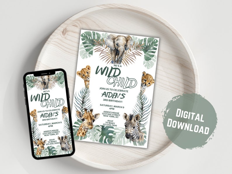 May include: A digital download invitation for a child's birthday party. The invitation features a jungle theme with a green, brown, and white colour scheme. The text on the invitation reads "He's a Wild Child, Join us to celebrate Aiden's 3rd Birthday!"
