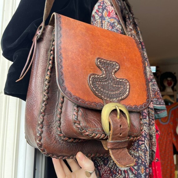 vintage tooled leather shoulder bag handmade in I… - image 5