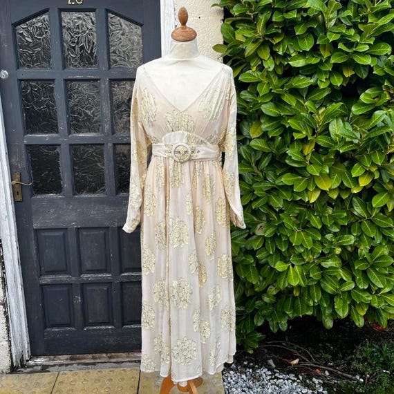 gold and cream maxi dress Sheer Floaty 70s Style Peachy Cream Maxi Dress With Gold Floral Embroidery