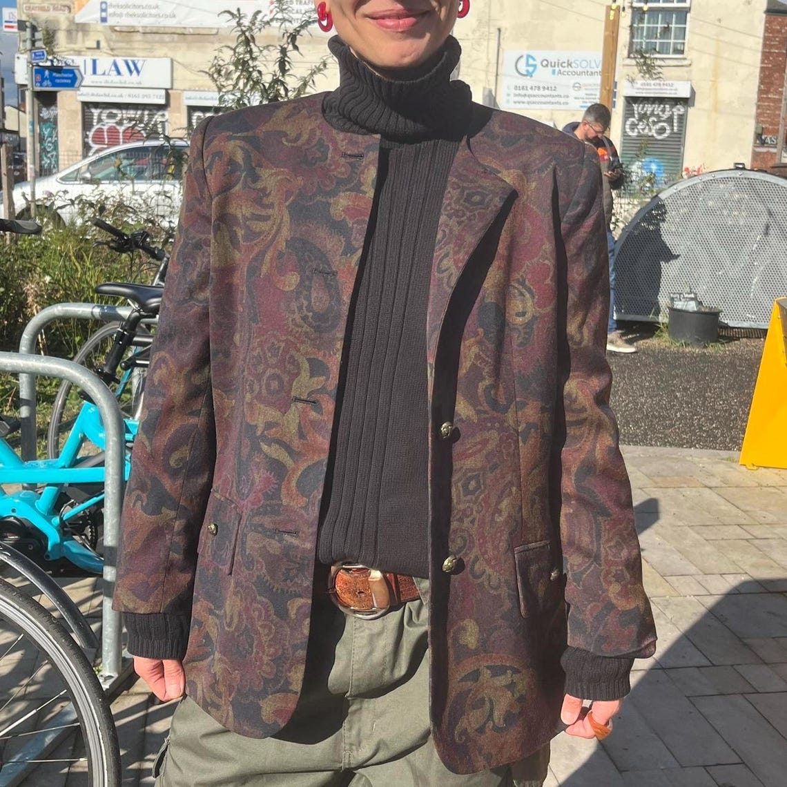 Vintage baroque floral print blazer style jacket with gold ornate buttons by Kasper autumn, photo 1 of 5
