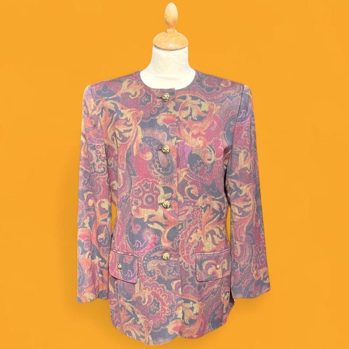 Vintage baroque floral print blazer style jacket with gold ornate buttons by Kasper autumn, photo 2 of 5