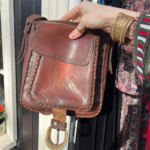 vintage tooled leather shoulder bag handmade in I… - image 3