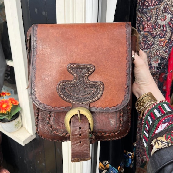 vintage tooled leather shoulder bag handmade in I… - image 1