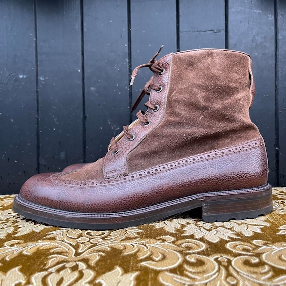 Italian Sturdy Brown Vintage Ankle Boots Leather Suede Lace 