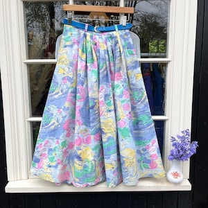 vintage 80s cotton skirt matching belt has pockets pastel