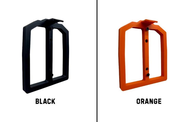 May include: Black and orange rectangular frames with a top extension and vertical supports. The word "BLACK" is below the black frame, and "ORANGE" is below the orange frame.