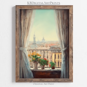 Balcony Art Print, Cityscape Wall Art, Window View Art, Vintage Landscape Print, Digital Download, Printable Wall Art, Vintage Home Decor