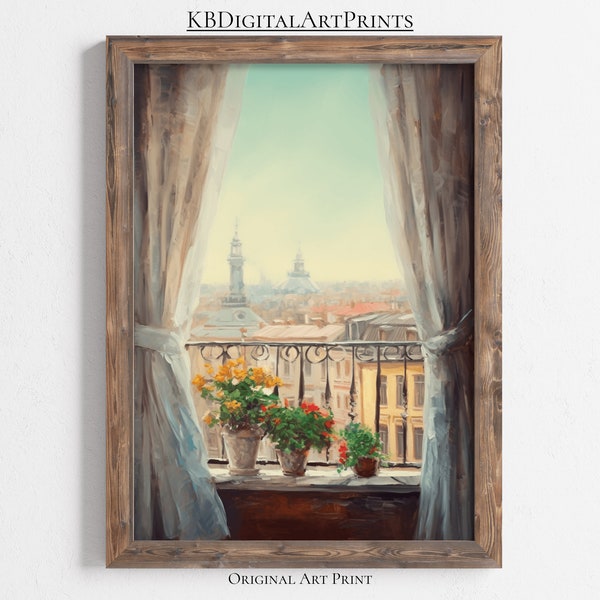 Balcony Art Print, Cityscape Wall Art, Window View Art, Vintage Landscape Print, Digital Download, Printable Wall Art, Vintage Home Decor