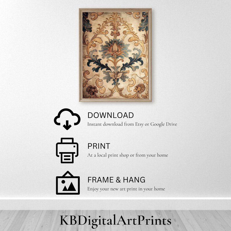 May include: A digital art print featuring a vintage floral pattern in shades of brown, gold, and blue. The print is framed in a light wood frame and is ready to be downloaded, printed, and framed.