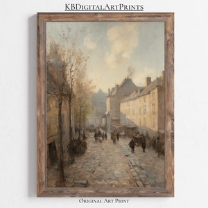 Vintage Cobblestoned Cityscape, 19th Century, Antique Architecture, Street Painting, Entryway Decor, Downloadable Print, Vintage Home Decor
