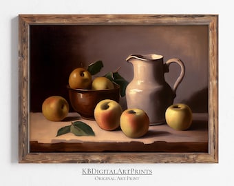Country Kitchen Print, Apple Still Life, Farmhouse Style Decor, Vintage Painting, Digital Download, Printable Wall Art, Rustic Painting