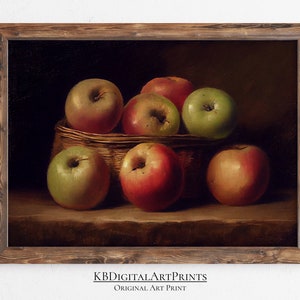 Original Country Still Life Apples In Wicker Basket Wall Art, Vintage Farmhouse Kitchen, Instant Digital Download, Printable Wall Art, Apple