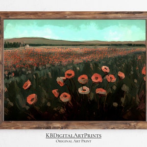 Vintage Poppy Field Landscape Painting, Original Art, Farmhouse Room Decor, Country Wall Art, Instant Digital Download, Printable Wall Art