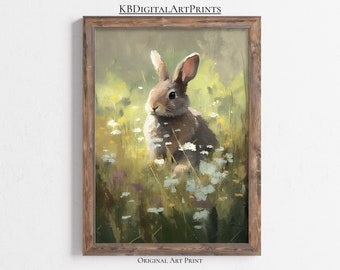 Conejo en pintura de prado de primavera, decoración de granja de campo vintage, descarga digital, arte de pared imprimible, arte de pared de vivero, tonos neutros