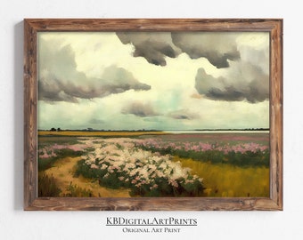 Stampa di paesaggi di campi di fiori selvatici, stampa artistica di paesaggi vintage, arte della parete di campi di campagna, download digitale, arredamento della fattoria, pittura a olio