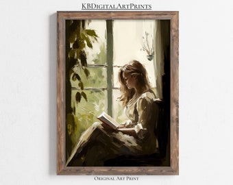 Woman Reading Portrait, Reading Print, Oil Painting Wall Art, Digital Download, Printable Wall Art, Vintage Decor, Farmhouse Room Decor