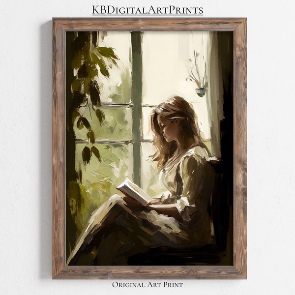 Mujer leyendo retrato, leyendo impresión, pintura al óleo arte de la pared, descarga digital, arte de pared imprimible, decoración vintage, decoración de la habitación de la granja