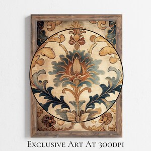 May include: A framed print of a vintage tapestry with a circular design featuring a blue and brown floral pattern on a cream background.